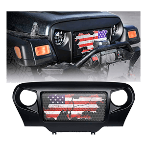 Xprite Spartan Grille Front Grill Overlay Cover with Distressed U.S. Flag Design on Steel Mesh for 1997-2006 Jeep Wrangler TJ